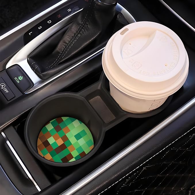 Green Brown Checkerd Car Coasters for Cup Holder Absorbent Ceramic Cup Coaster 2 Pack Anti Slip Car Interior Accessories with Finger Notch Cork Base for Women Men 2.56"