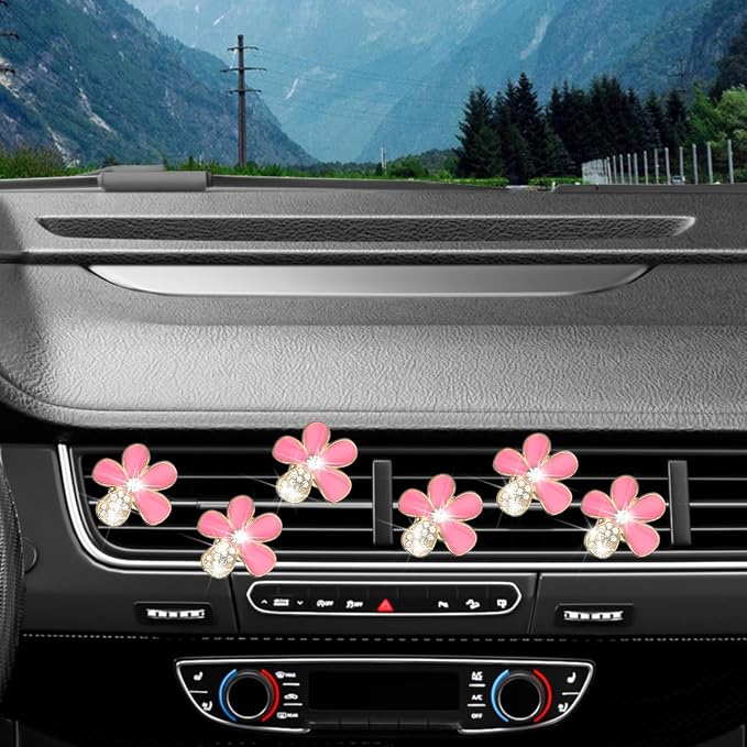Mandark 6PCS Bling Daisy Flower Car Air Vent Clip, Crystal Rhinestone Vehicle Air Vent Outlet Clip, Cute Auto Air Conditioning Clip Charm Interior Decor Accessories for Women Girls（Pink）