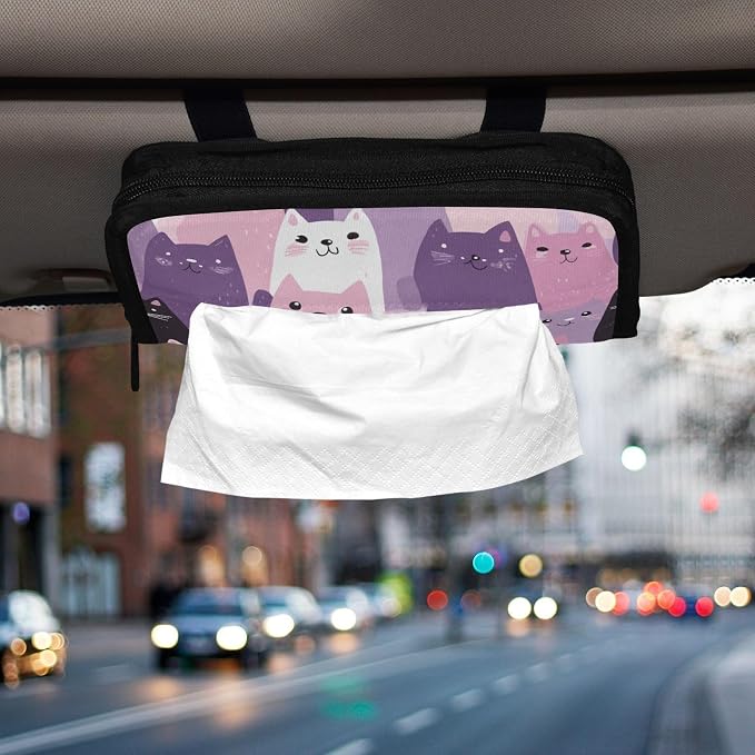Car Visor Tissue Holder Mask Holder for Car, Car Tissue Box Sun Visor Napkin Holder Car Visor Accessories Adjustable Straps Reusable Durable Easy to Install Pink and Purple Cats