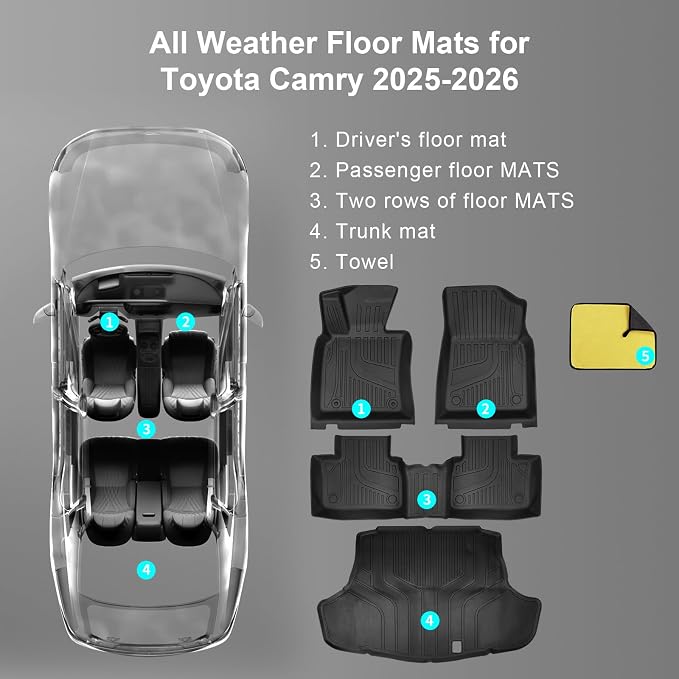 for Toyota Camry 2025 2026 Floor Mats, Full Set All-Weather TPE Laser Custom Fit Floor Liners, Black Automotive Accessories for Camry Hybrid/LE/SE/XLE/XSE