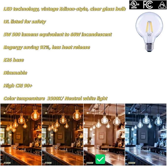 G25 LED Globe Light Bulbs, 60W Equivalent 500 Lumens, E26 Base Dimmable Neutral White 3500K, CRI 90+ Edison Vanity Light Bulbs for Bathroom Mirror, Bedroom, Kitchen, Clear Glass, 6 Pack