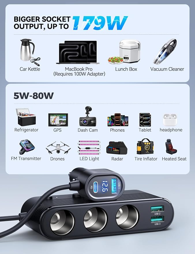 179W 7 in 1 Cigarette Lighter Splitter, PD30W Fast Charging Adapter for Car | PD30W Type-C, 39.6IN Extension Cable, 12V/24V Cigarette Lighter Adapter, 3 USB Ports, Independent Switches, Voltage Display