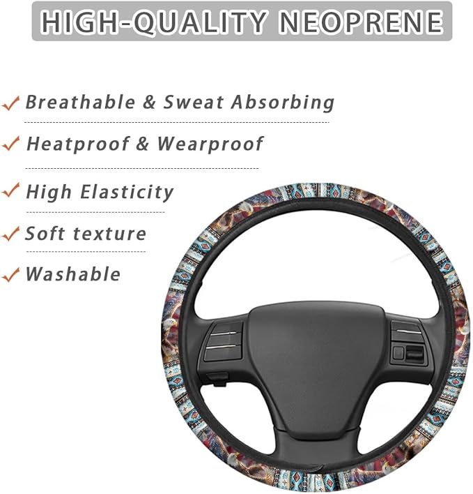 Wanyint Auto Steering Wheel Cover Unviersal 15 Inch Steering Wheel Wrap Cover 4th of July Auto Interior Accessories Decor for All Seasons, Aztec Eagle US Flag
