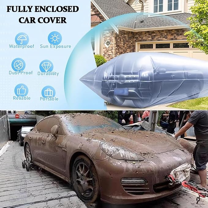 Universal Plastic Car Cover, Fully Enclosed Sealed Car Flood Cover, 13x23 ft Universal Plastic Car Cover, Reusable PE Material