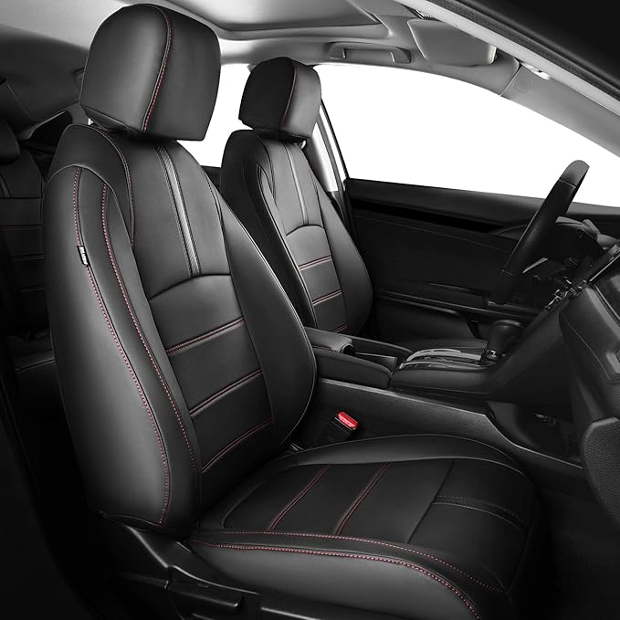 Seat Covers for Honda Civic Hatchback LX, EX, EXL, Sport, Touring, 2016-2021, Faux Leather Car Seats Cover Full Set Seatback Waterproof, Black Red line (60/40 Split Seatback)