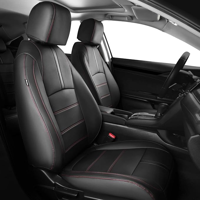 Seat Covers for Honda Civic Sedan EX-L, EX-T, EX, Touring, Sport 2016-2021, Faux Leather Car Seats Cover Full Set Waterproof Black Red Line (60/40 Split Seatback-with Rear Armrest)