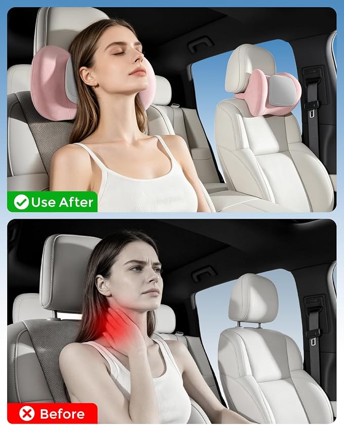BABUR 100% Memory Foam Neck Pillow, Ergonomic Headrest for Car Seat | Driver Neck Pain Relief, Adjustable Buckle, Universal Car, Office Chair, Soft Breathable, Removable Cover, Machine Washable
