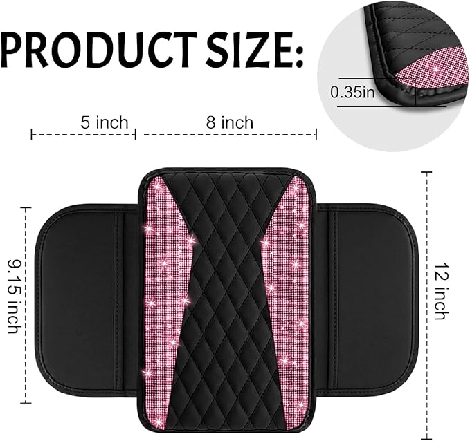 NBTEPEM Bling Pink Car Center Console Cover, Leather Middle Console Cover with 2 Storage Bags, Universal Arm Rest Cover Protector, Bling Car Accessories Interior Fit for Most Vehicles, Pink Diamond