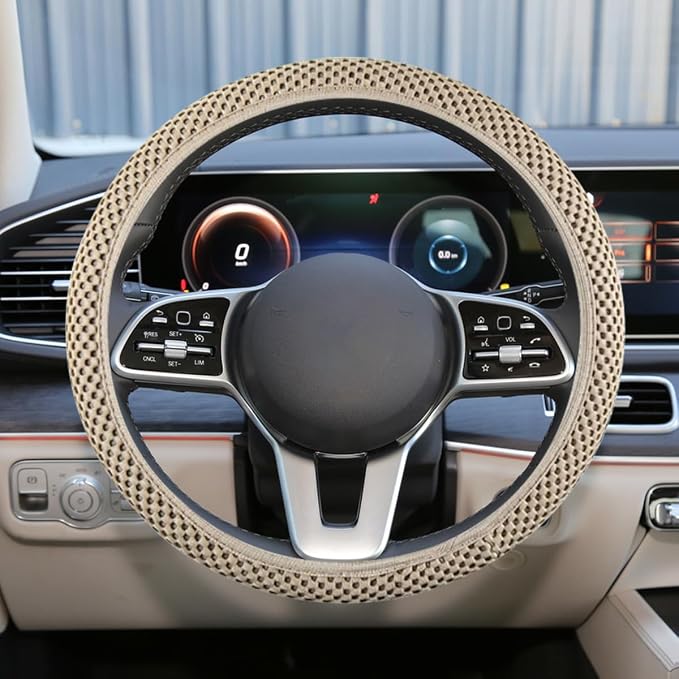 Elastic Stretch Steering Wheel Cover, for Men Women (Beige) | 15" Breathable Microfiber Ice Silk Steering Wheel Protector, Universal Anti-Slip Warm in Winter&Cool in Summer Car Accessory