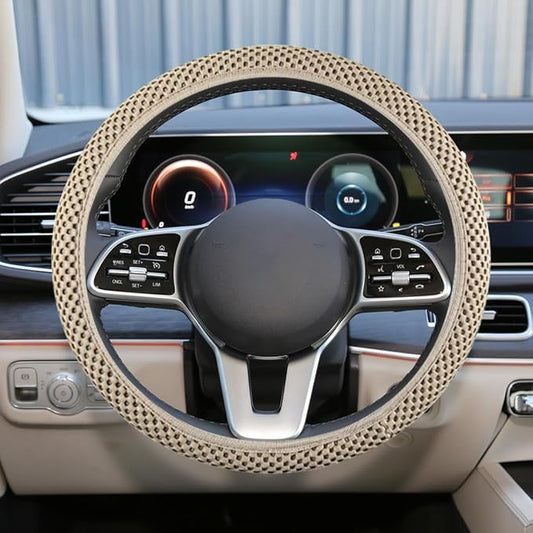 Elastic Stretch Steering Wheel Cover, for Men Women (Beige) | 15" Breathable Microfiber Ice Silk Steering Wheel Protector, Universal Anti-Slip Warm in Winter&Cool in Summer Car Accessory