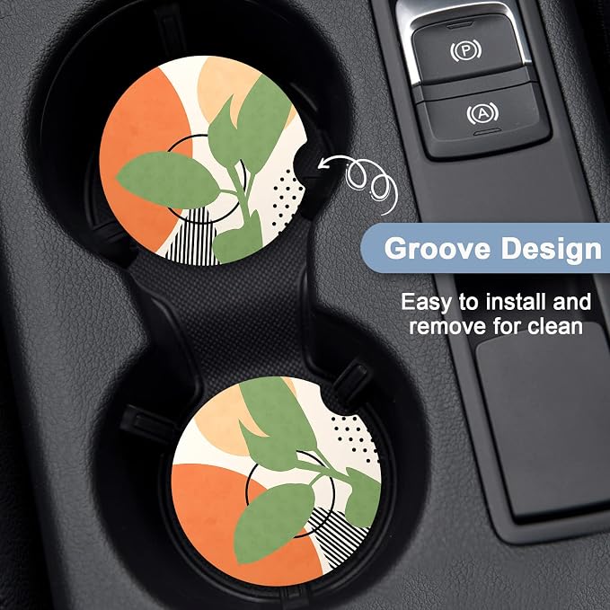 Nipichsha Car Coasters for Cup Holders, 2 Pack Absorbent Ceramic Car Cup Holder Coaster for Drinks, Cute Auto Assecories for Women Men, Size 2.56 in with Finger Notch & Cork Base, Modern Abstract Art