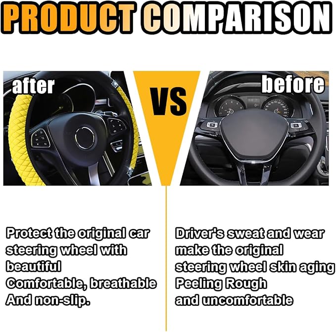JOYCOURT 15 Inch Bling Soft Leather Car Steering Wheel Cover, Yellow | Colorful Rhinestones Design, Auto Elastic Protector for Women Girls, Crystal Diamond Car Accessories for Most Cars, SUVs