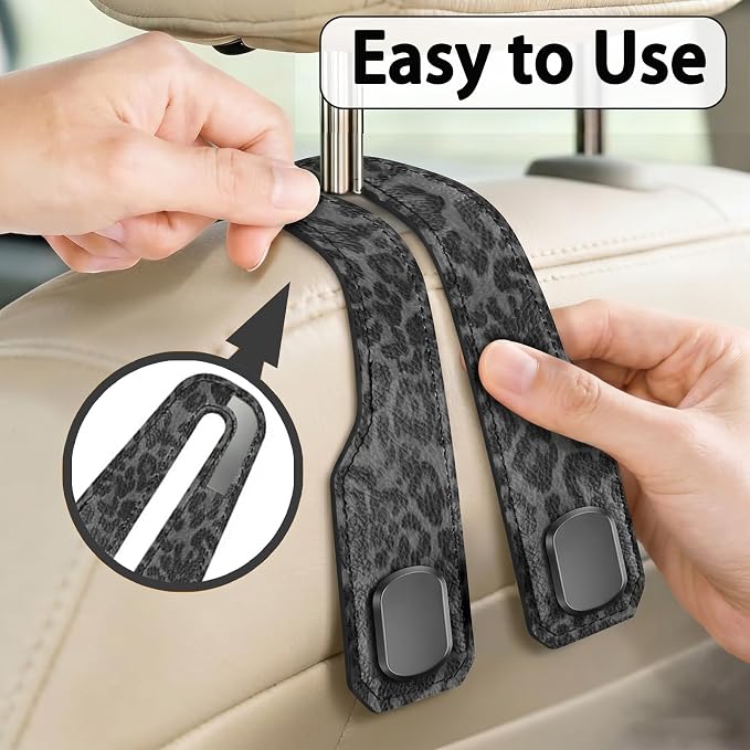 Car Hooks for Headrest: 2Pcs Headrest Hooks for Car - Premium Leather Double Metal Hook - Purse Hook for Car Headrest - Car Headrest Hooks for Purses, Handbags, Bags - Black Leopard