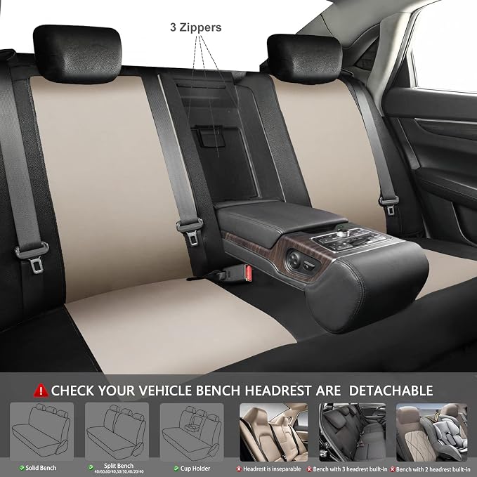 CAR PASS Line Rider Sporty Cloth 11PCS Universal Fit Car Seat Cover -100% Breathable with 5mm Composite Sponge Inside,Airbag Compatible,3zipper Bench(Full Set, Black and Beige)