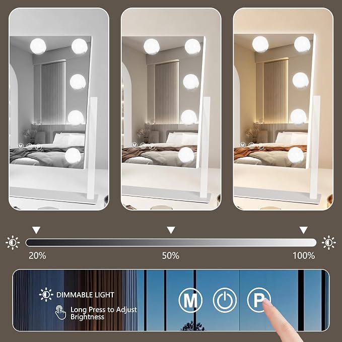 Ratsamee Rechargeable Hollywood Vanity Mirror with Lights, 14"×12" LED Makeup Mirror, Smart Touch Control, Makeup Mirror for Bedroom, Vanity Desk, Beauty Routine