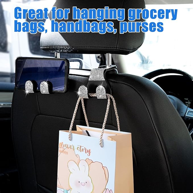 Bling Car Purse Hooks 2Pcs, Rhinestones Car Headrest Hook Backseat | Double Hooks,Holds 44Lbs,Wide Opening,Durable Nylon,Car Seat Hook,Purse Holder,Bling Car Accessories for Women,White