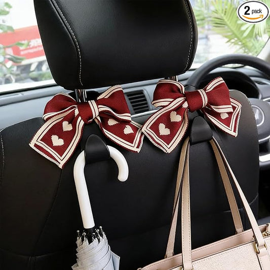 2PCS Car Seat Headrest Hooks, Car Purse Hook, Cute Bow Knot Vehicle Seatback Hanging Storage Organizer, Auto Seatback Decor Organizer Hanger for SUV Truck (Red/White)