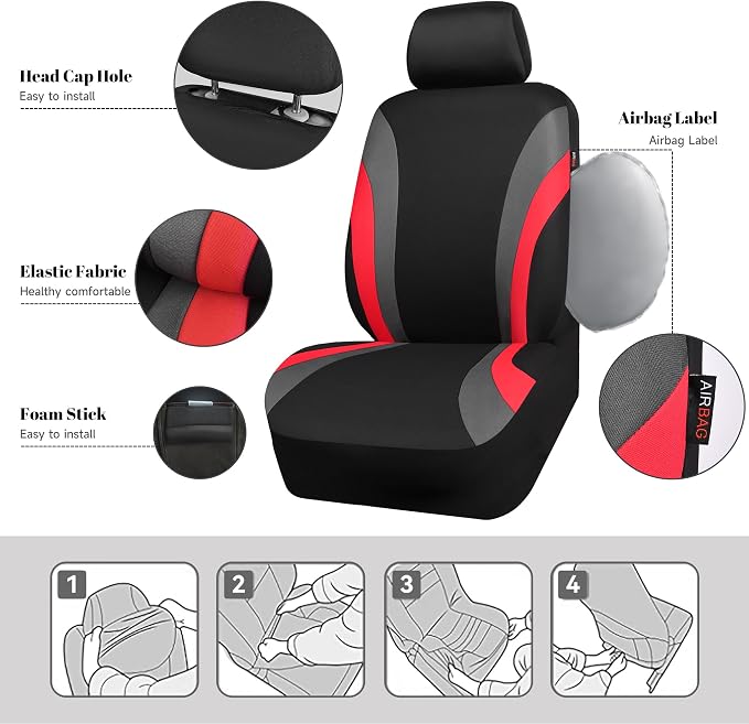CAR PASS Line Rider Sporty Front Seat Covers,Red Car Seat Covers Two Front Seats Only, Airbag Compatible,Universal Fit Sedans,Cars,Vans,SUV,Truck(Black and Red)