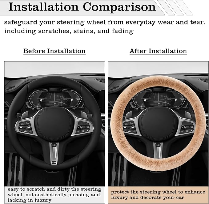 Furry Warm Steering Wheel Cover, Universal 14.5-15 Inch Winter Plush Warm Steering Wheel Cover, Soft Fluffy, Anti-Slip Design, Soft Texture (Camel)
