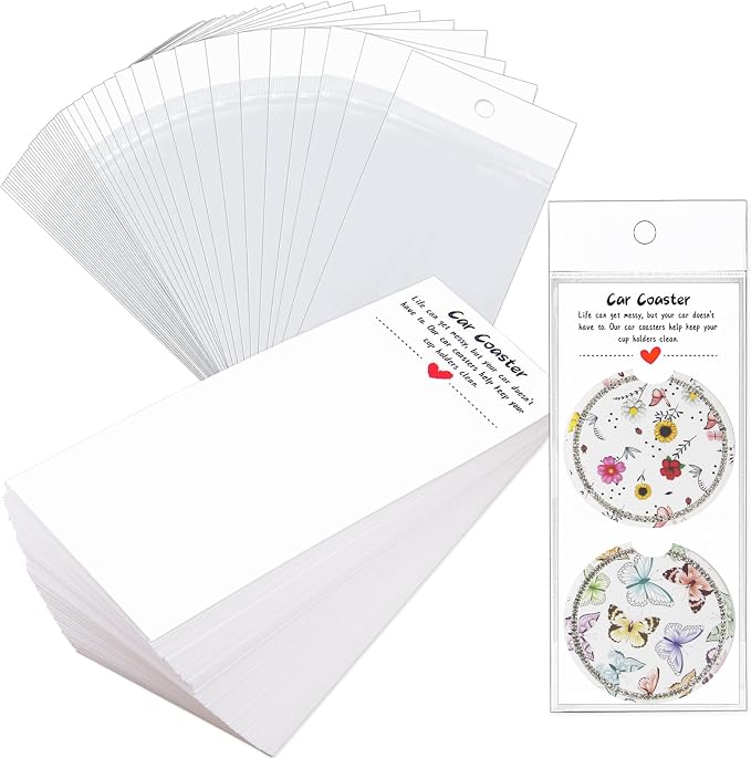 100PCS Car Coasters Packaging for Selling, Sublimation Blanks Car Coaster | Sublimation Display Card Set with Bags and Cards 6.8 x 2.9 Inch,Heat Press Machines Accessories(White)