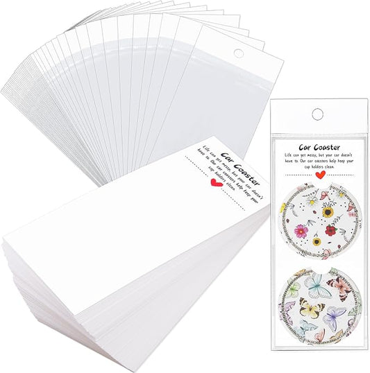 100PCS Car Coasters Packaging for Selling, Sublimation Blanks Car Coaster | Sublimation Display Card Set with Bags and Cards 6.8 x 2.9 Inch,Heat Press Machines Accessories(White)