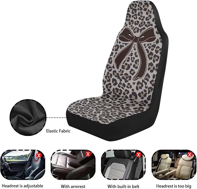 Bow Front Car Seat Cover Set of 2 Leopard Print Car Seat Covers for Front Seats Auto Interior Accessories Anti-Slip Back Fabric for Cars Sedans and SUVs