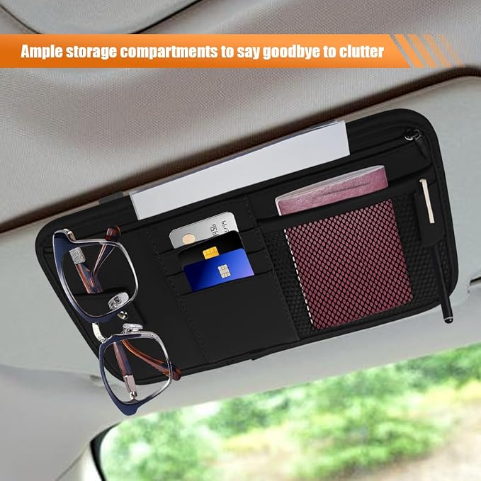 Car Sun Visor Organizer, PU Leather Automotive Visor Storage Pouch Holder with Multi-Pocket, Vehicle Interior Organizer Accessories for Sunglasses, Pen, Key, Phone, Cards, License(Black)