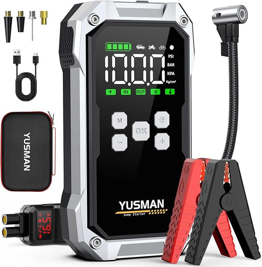 Jump Starter with Air Compressor, 9000A 160PSI Battery Booster Pack | For 12V vehicles, ALL gas and 10.0L diesel, with display, smart clamps, tire inflator, 2 USB-A ports, and 2 LED lights