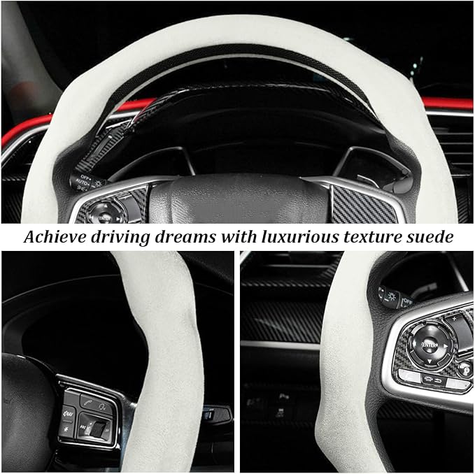 Car Steering Wheel Cover, Soft Brethable Suede Non-Slip Vehicle Steering Wheel Protector, Comfortable Sporty Auto Interior Protection Accessories, Universal for Truck SUV Van (Apricot White)