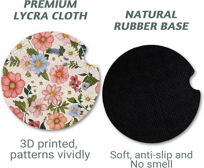 Yonlevres Car Coasters for Cup Holders，2.75" Universal Size Anti Slip Rubber Mat with A Finger Notch, 2 Pack Cup Holder Coasters for Car Interior Accessories for Women Men Flower