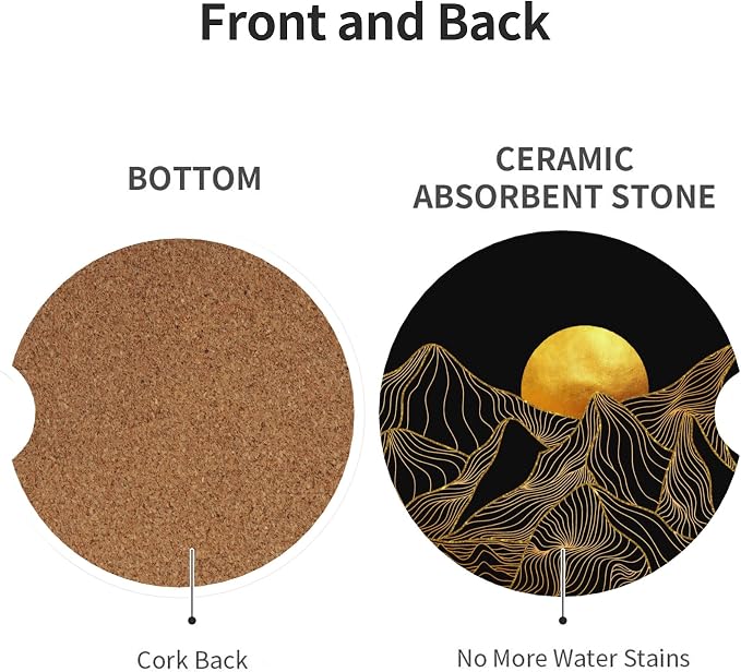 Golden Mountain Sun Car Cup Holder Coasters 2 Pack 2.63" for Women | Universal Anti Slip Ceramic Absorbent Coaster with Cork Base and Finger Notch Cute Car Accessories Interior
