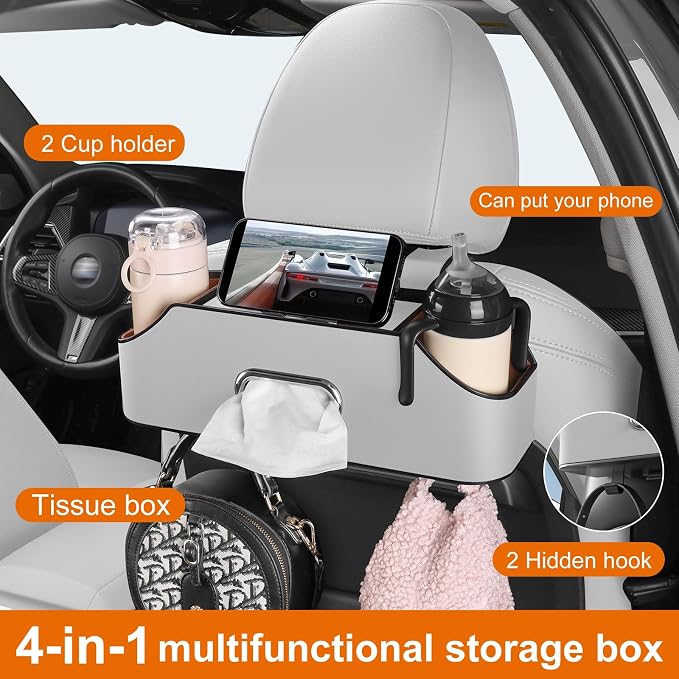 Car Rear Backseat Extra Multifunctional Drink Cup Holder Organizers with Tissue Storage Box Organizer & Hooks for Car Seat Back. Gray