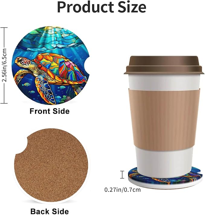 Sea Turtle Ocean Car Cup Holder Coasters 2 Pack 2.63" for Women | Stained Glass Universal Anti Slip Ceramic Absorbent Coaster with Cork Base and Finger Notch Cute Car Accessories Interior