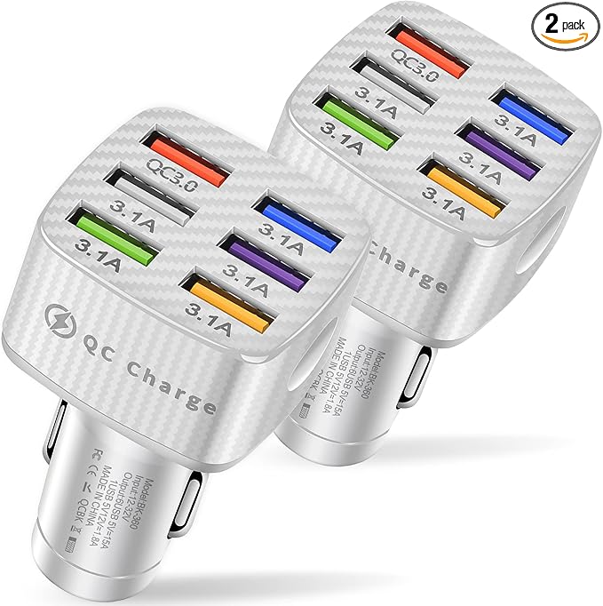 Amiss Car Charger Adapter, 6 USB Multi Port, Fast Charger, Include QC 3.0 and 5 Other Ports, Car Interior Accessories, Fit for iPhone 17/16/15/14/13Pro Max, Samsung, Android (White 2pcs)