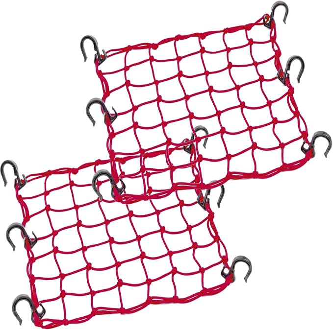 Small Cargo Net 15"x15" Stretches to 30"x30" with Thicken Hooks | Natural Latex Core, Tight 2”x2” Mesh Heavy Duty Bungee Net for Motorcycle Helmet, Bike, ATV, UTV, Luggage (Red, 2 Pack)