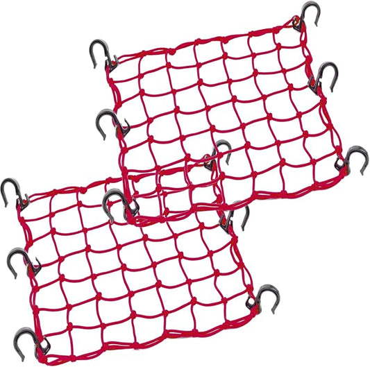 Small Cargo Net 15"x15" Stretches to 30"x30" with Thicken Hooks | Natural Latex Core, Tight 2”x2” Mesh Heavy Duty Bungee Net for Motorcycle Helmet, Bike, ATV, UTV, Luggage (Red, 2 Pack)