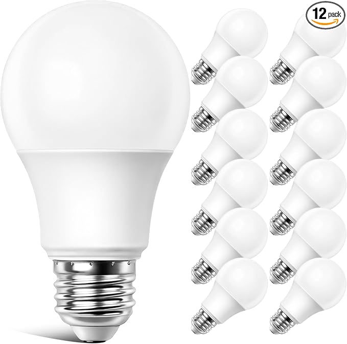 12 Pack A19 LED Light Bulbs, 60W Equivalent, 4000K Natural White LED Bulb with E26 Standard Base, Efficient 9W, Non-Dimmable, 800 Lumens, 120V, CRI 85, Eye-Friendly for Bedroom Living Room