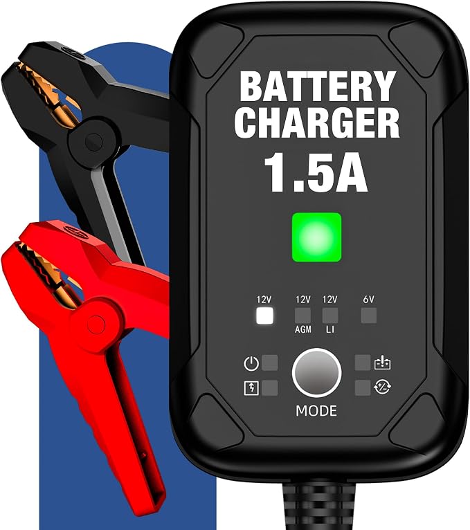 1.5A 6V/12V Car Battery Charger – Automatic Trickle Charger, Battery Maintainer & Desulfator with Overcharge Protection & Temperature Compensation – For Lead Acid, AGM, Gel, Lithium(LiFePO4) Batteries