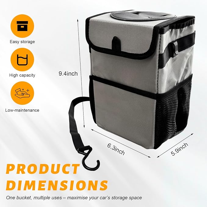 Car Trash Can with Lid, Multipurpose Collapsible Auto Garbage Bin with 3 Storage Pockets, Waterproof Leakproof Oxford Cloth Organizer Hanging Portable Trash Bin for Most Vehicles (Gray)