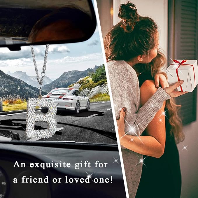 DXNQ Bling Initial Car Rear View Mirror Ornament, Crystal Sparkling Cute Letter Charm Pendant Auto Decor, Hanging Lucky Diamond Initial Charm Car Mirror Bag Ornament for Girl Women (Letter B)