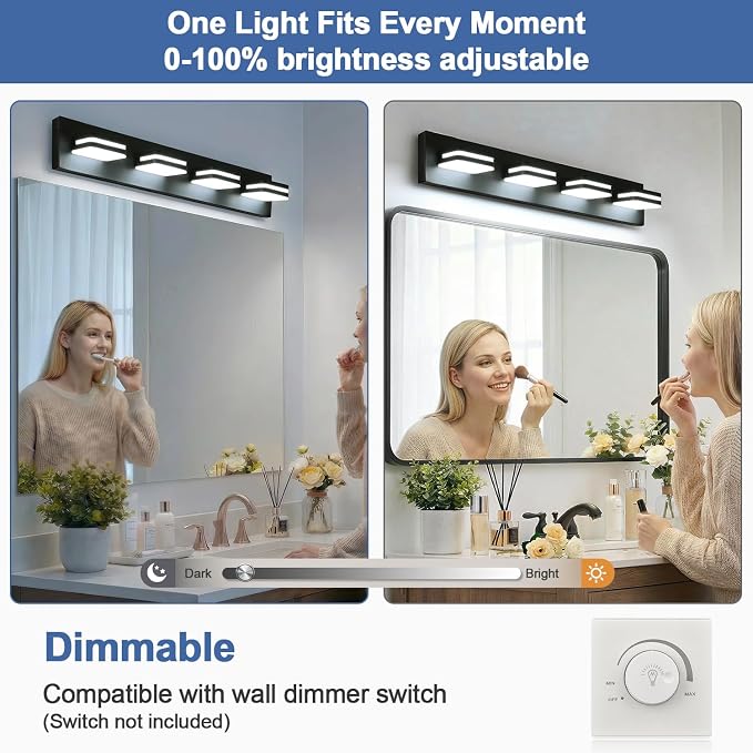 Torondo 360° Rotate LED Bathroom Vanity Light Fixtures, Acrylic Vanity Lights for Bathroom, Modern Wall Lighting Fixtures Over Mirror Living, Matte Black, 100%-0% Natural White, 4-Light, 27-Inch