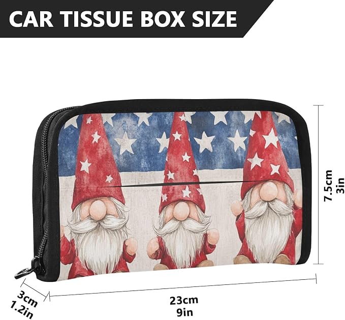 Three July 4th Gnomes Stars Car Tissue Holder Durable Napkin Holder Hanging Tissue Holders Case Car Tissues Bag for Sun Visor Seat Back Universal Auto