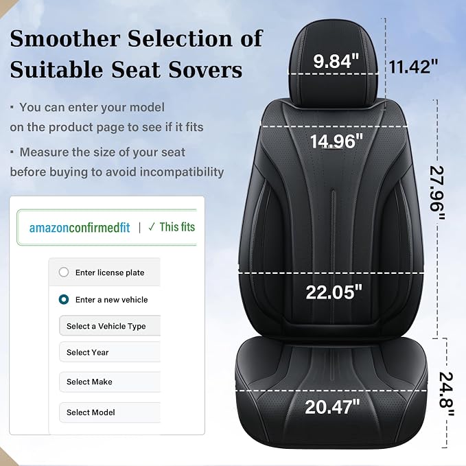 Coverado Car Seat Covers Front Seat, Breathable Nappa Leather Seat Cover, Black Seat Cover for Cars, Luxury Waterproof Car Seat Protector, Front Seat Cushion Universal Fit for Most Vehicles