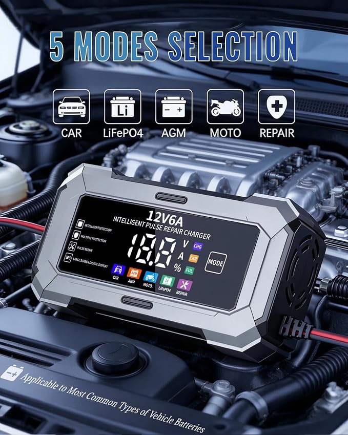 Car Battery Charger Automatic Trickle Charger and Battery Maintainer with Pulse Repair Digital Display Trickle Charger for Car Battery 12V6A Auto Battery Charger for AGM Motorcycle LiFePO4 Batteries