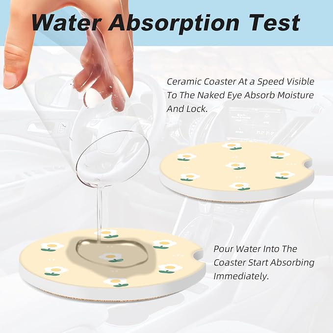 Cute White Flower Car Coasters for Cup Holders,2 Pack Car Cup Holder Coasters for Car,Ceramic Absorbent Car Coaster with A Finger Notch and Cork Base,Car Interior Accessories for Women Men