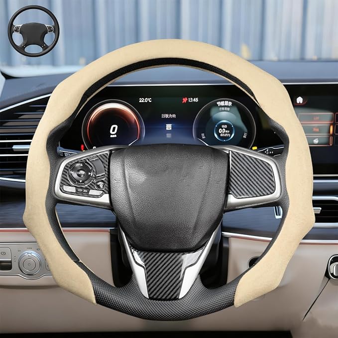 Car Steering Wheel Cover, Soft Brethable Suede Non-Slip Vehicle Steering Wheel Protector, Comfortable Sporty Auto Interior Protection Accessories, Universal for Truck SUV Van (Light Yellow)