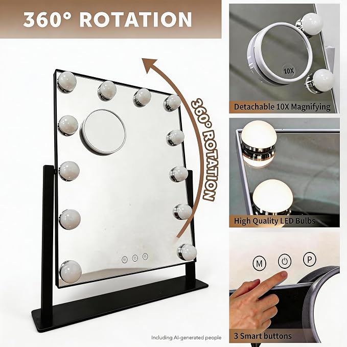 Makeup Vanity Mirror with LED Lights Makeup Mirror Detachable 10X Magnification, Hollywood Make Up Mirror with Lighting, Smart Touch, Rechargeable,360° Rotation, Black 17.12"x13.77"