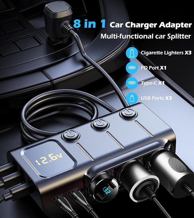 LIHAN 120W Car Splitter, 3 Cigarette Sockets Adapter, 5 USB, PD36W 8-in-1 | Power dashcam, GPS and more with 3 outlets, 5 USB ports, PD36W USB-C fast charging 3.3FT cord ,voltage monitor for RVs,Cars