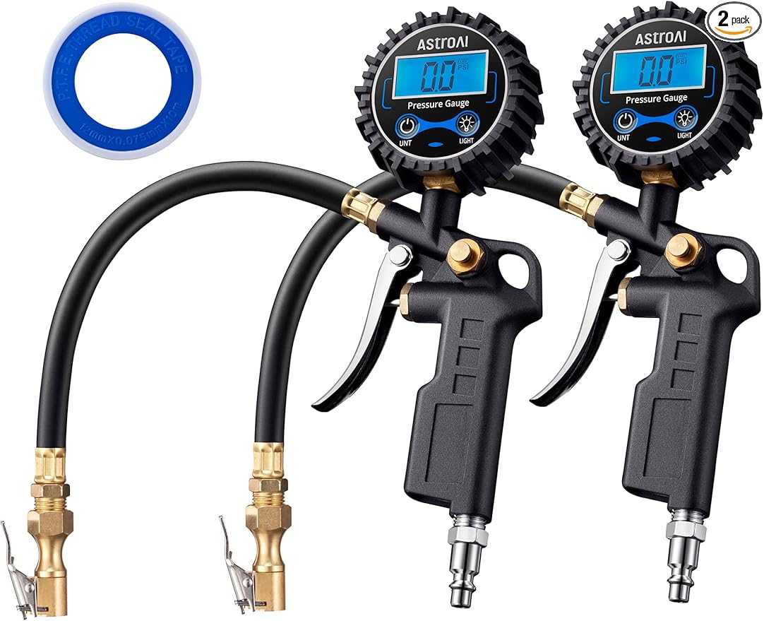 AstroAI Digital Tire Pressure Gauge with Inflator, 3-250 PSI Air Chuck & Compressor Accessories Heavy Duty with Quick Connect Coupler, 0.1 Display Resolution, 2Pack Standard