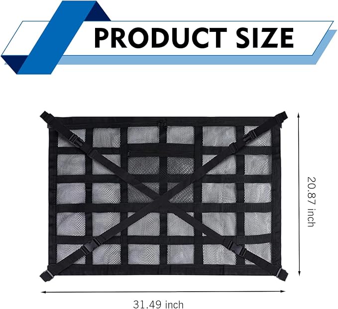 WZP Car Ceiling Cargo Net, 31.5" x 20.9" Double-Layer Mesh Car Roof Storage Ceiling Cargo Net with Adjustable D-Buckle, Universal Auto Accessories for SUVs, Road Trips, Camping Essentials